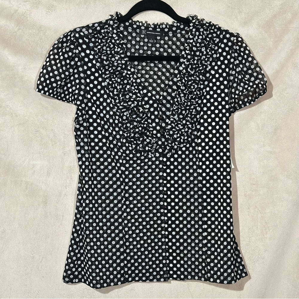 Polka Dot Ruffle Blouse - Black and White